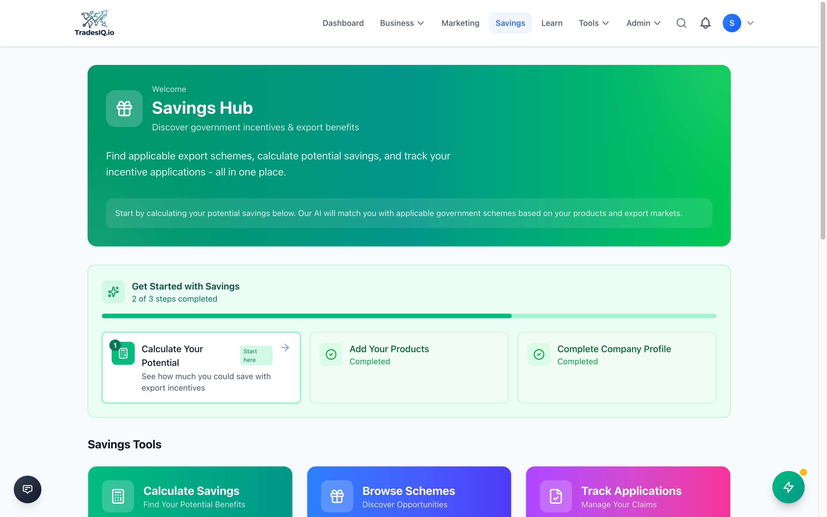 TradesIQ Savings Hub - Calculate and track export incentives