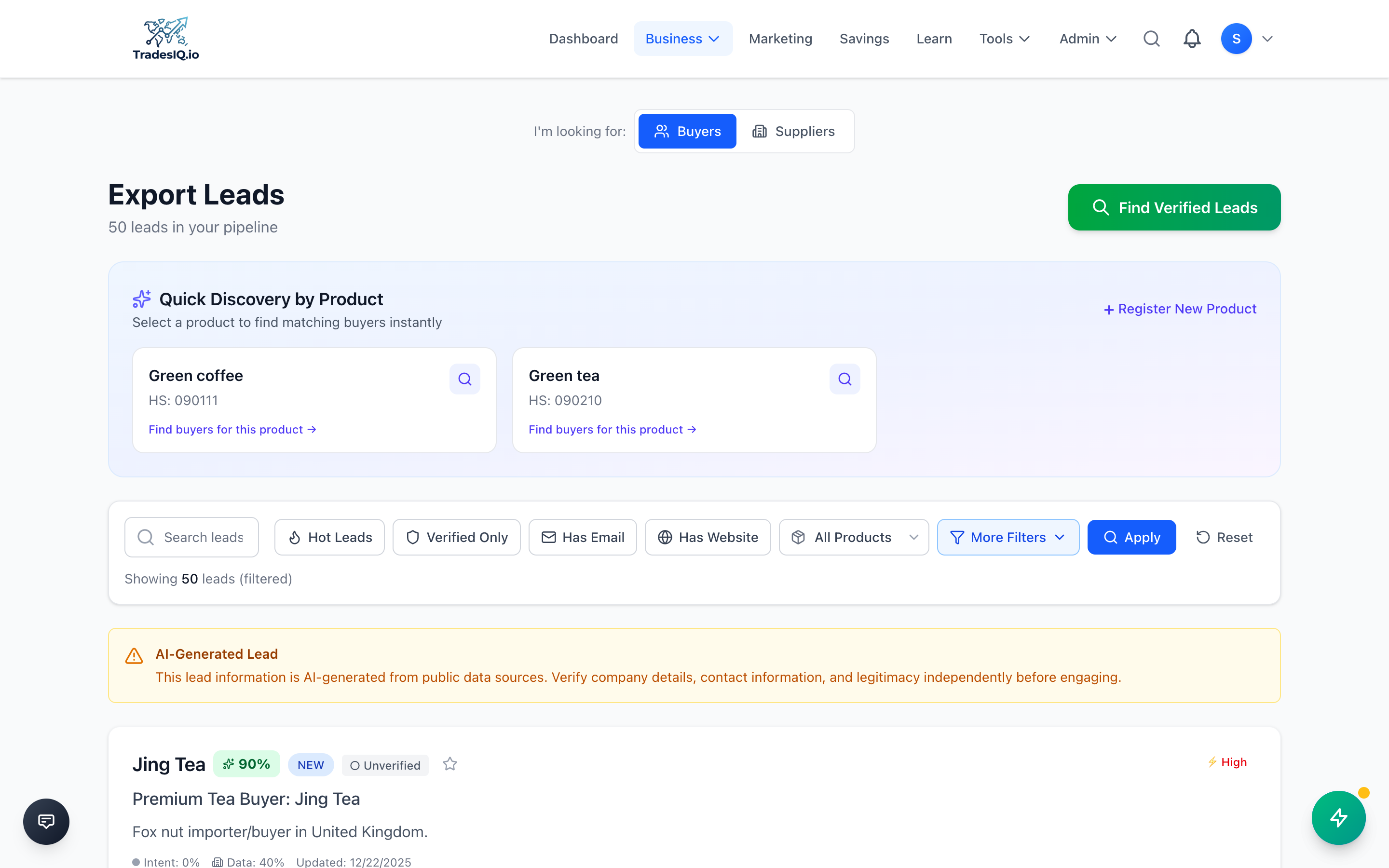 TradesIQ Partner Discovery - Find verified international buyers from customs data